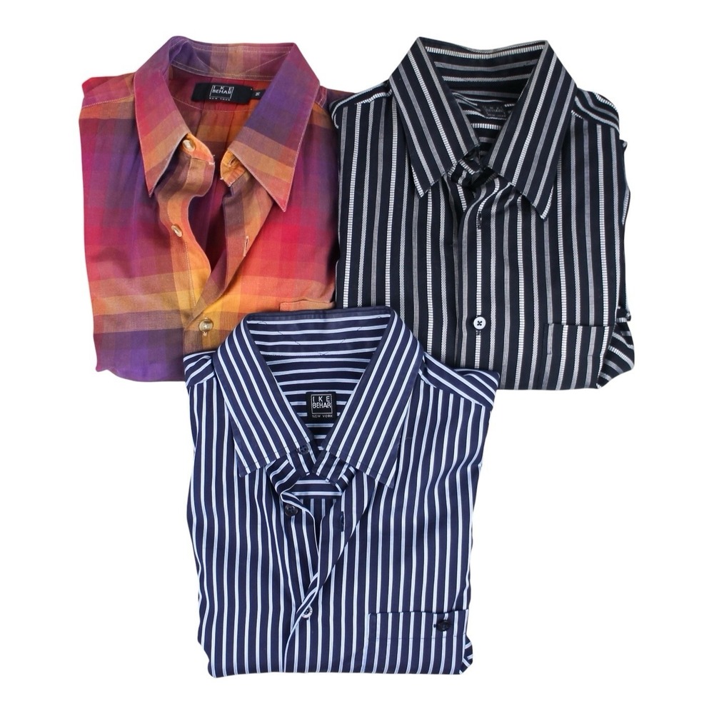 Lot of 3 Ike Behar Men's Dress Shirts Medium 15-32 Plaid & Striped Cotton Button